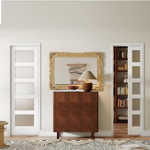 Double Sliding Pocket Door 60"（30" x2） x 80" - 5 Lites Tempered Frosted Glass Panels, Interior & Closet Single Door Slab, White Primed - Panel Assembly (Needed without Hardware Kit
