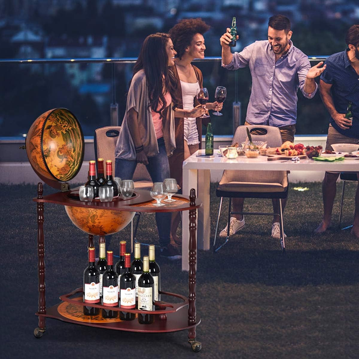 Globe Bar, 34.5’’ Wine Bar Cart with Wheels, 2 Storage Shelves & Old World Map, 16th Century Italian Replica Globe Liquor Cabinet, Wood Bar Stand for Dining Room Living Room Home