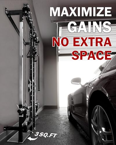 Mikolo Folding Squat Rack, Wall Mounted Power Rack with Cable Crossover Machine & LAT Pull Down, Functional Trainer with 5 Adjustable Function Modes, for Home Gym and Space Saving