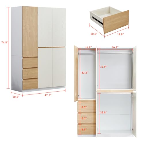 74" H 3 Doors 2 Drawers White Bedroom Wardrobe Armoire Closet Freestanding Clothes Storage Armoire Organizer with Hanging Rod Shelves Clothes Cabinet for Bathrooms Clothes Storage