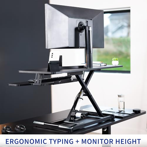 VIVO 42 inch Electric Motor Desk Converter, Height Adjustable Riser, Sit to Stand Dual Monitor and Laptop Workstation with Wide Keyboard Tray, Black, DESK-VE42B