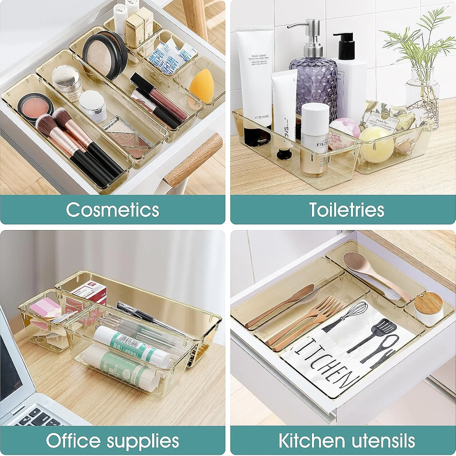 25 Pieces Clear Plastic Drawer Organizer Set, 4 Sizes Desk Drawer Divider Organizers and Storage Bins for Makeup, Jewelry, Gadgets in Kitchen, Bedroom, Bathroom, Office