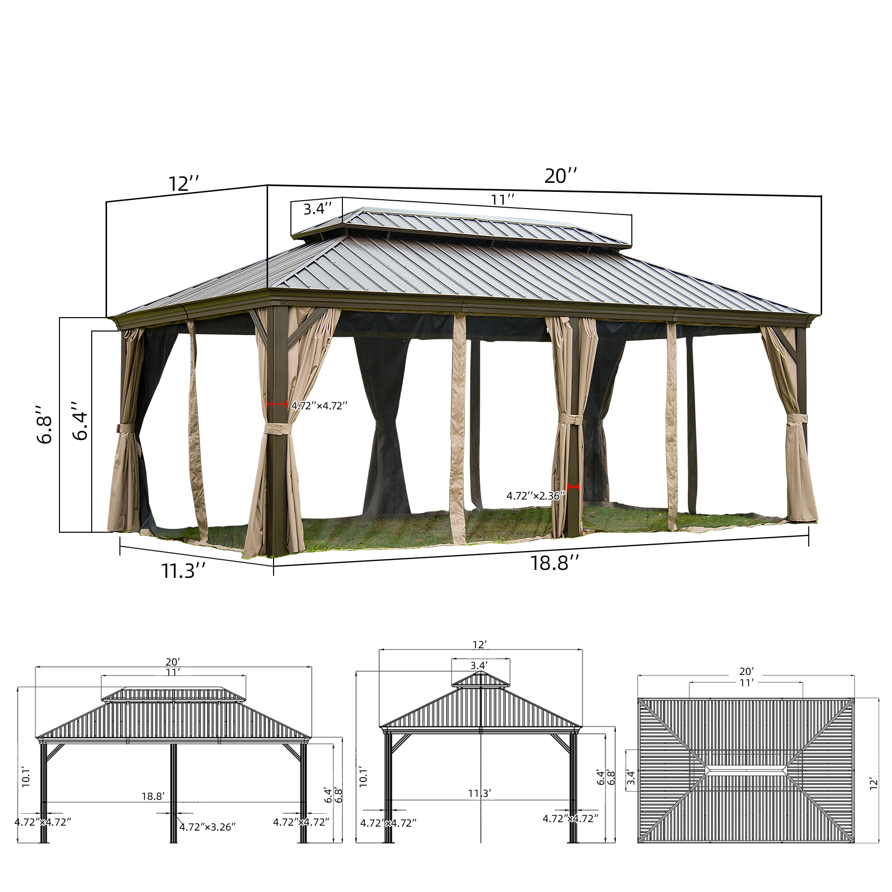 Mydepot Outdoor Aluminum Gazebo Canopy With Hardtop, Mosquito Netting, Curtains