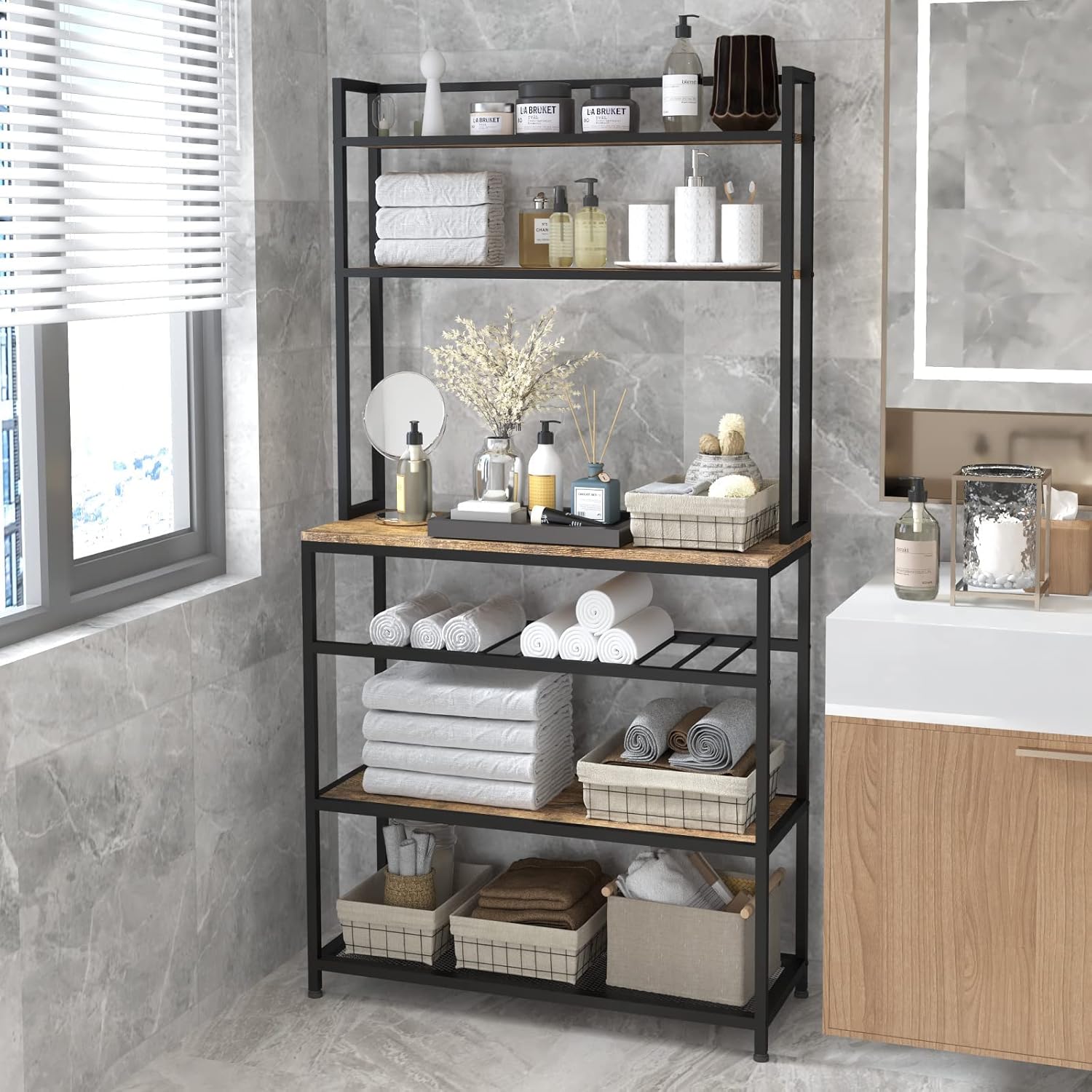 Industrial Kitchen Baker's Rack Coffee Station Microwave Oven Stand Kitchen Pantry Shelf Free Standing Opening Utility Storage Cabinet Sideboard for Kitchen Dining Room Living Room