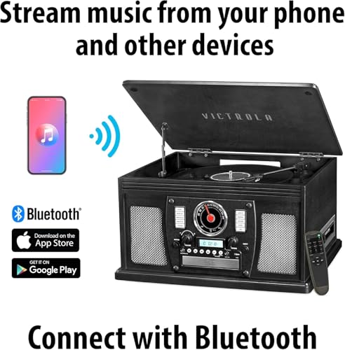 Victrola Navigator 8-in-1 Bluetooth Record Player with Built-in Speakers– 3 Speed Turntable, CD Player, Cassette, FM Radio, USB, RCA Out, Headphone Jack, Wireless Music Streaming, Real Wood (Mahogany)