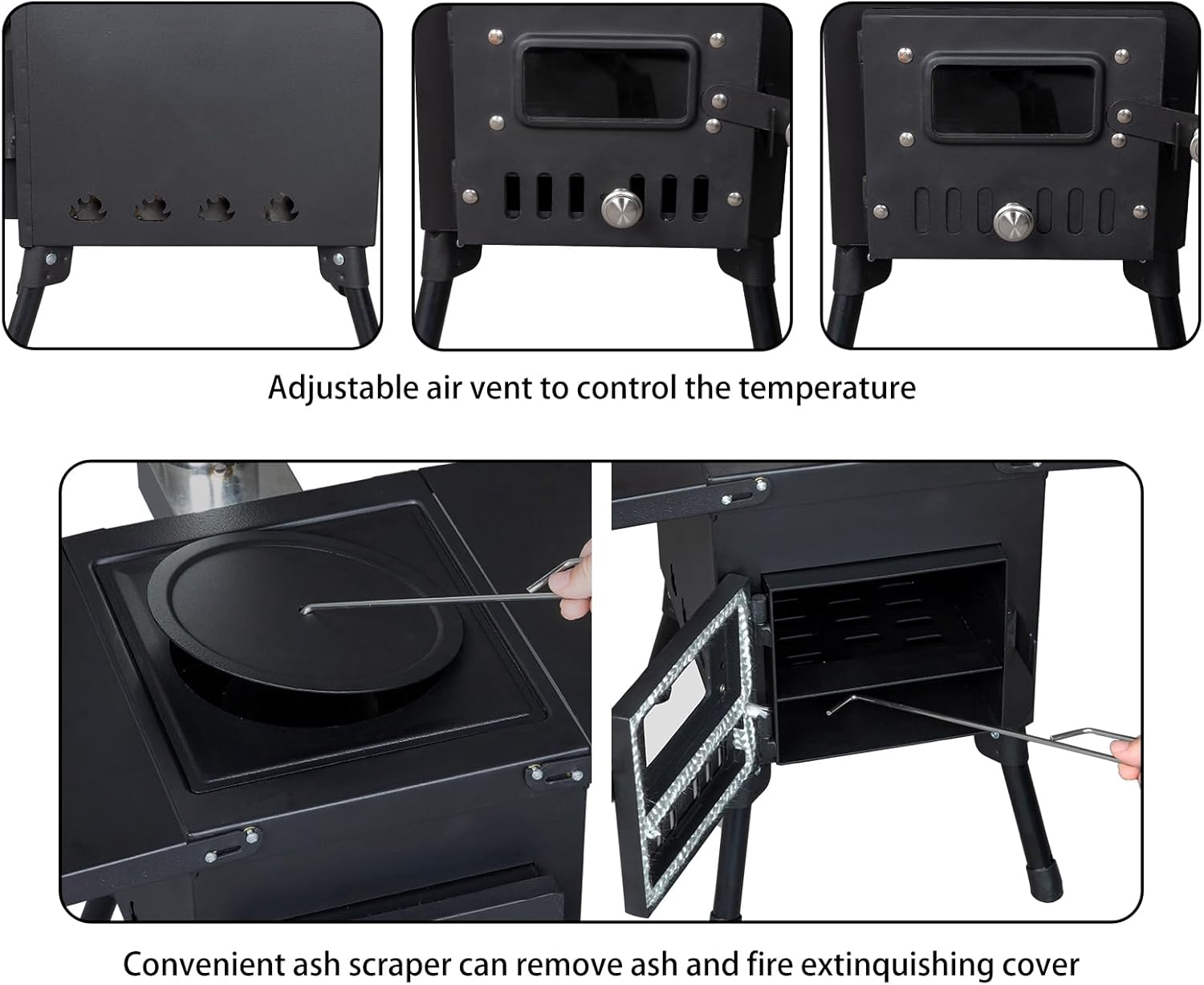 Camping Wood Stove, Outdoor Portable Tent Wood Burning Stove with Stainless Chimney Pipes, Tent Stove Jack & Gloves for Outdoor Camping Cooking and Heating