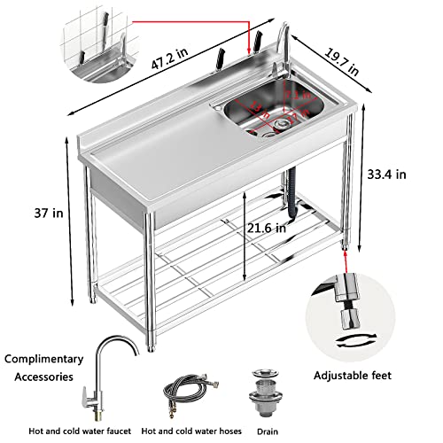 Free Standing Stainless-Steel Single Bowl Commercial Restaurant Kitchen Sink Set w/Faucet, Prep & Utility Washing Hand Basin w/Storage Shelve, laundry tub for Indoor Outdoor (22in)