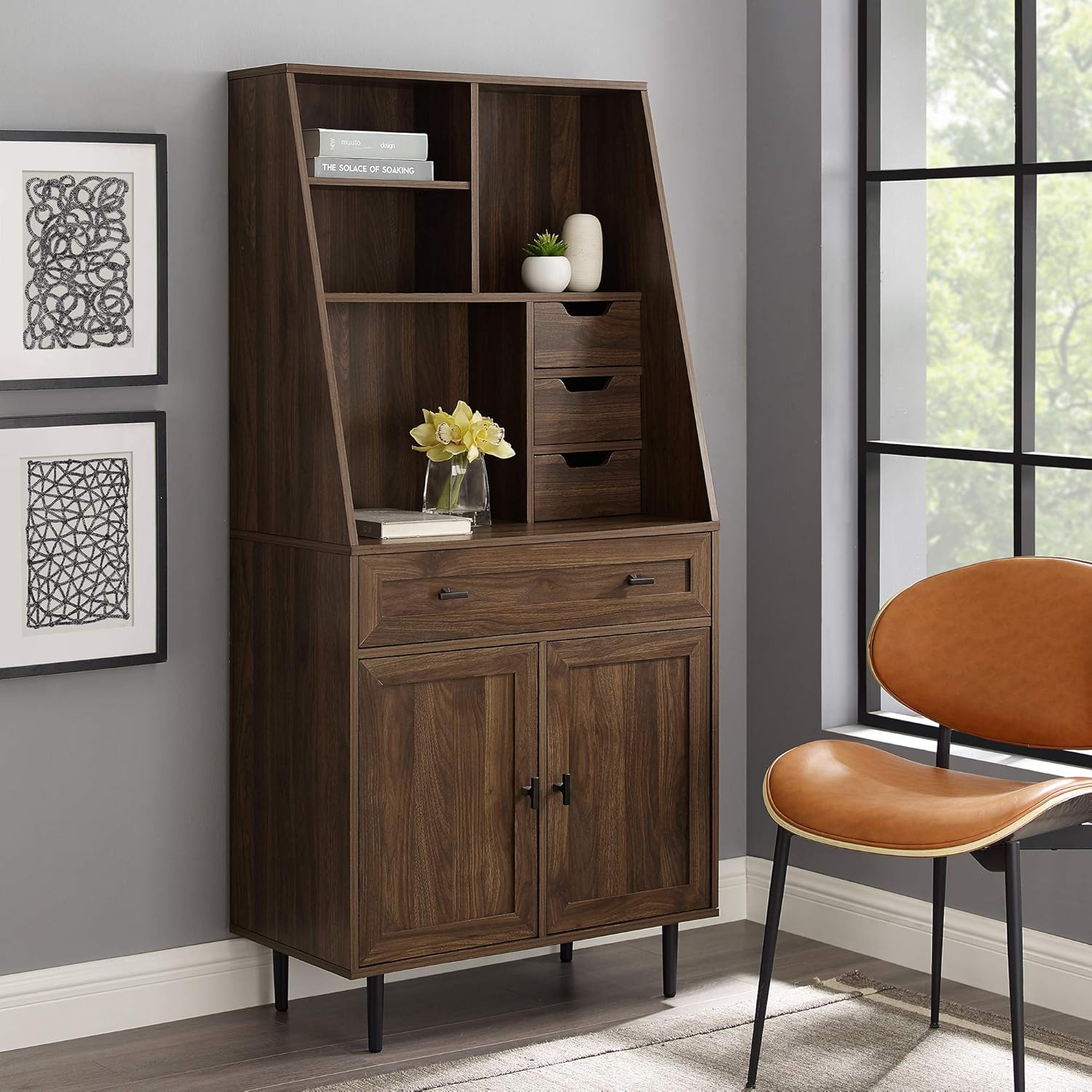 Walker Edison Secretary Hutch Wood Desk with Keyboard Drawer Bookshelf Storage Home Office Storage Cabinet, 64 Inch, Birch