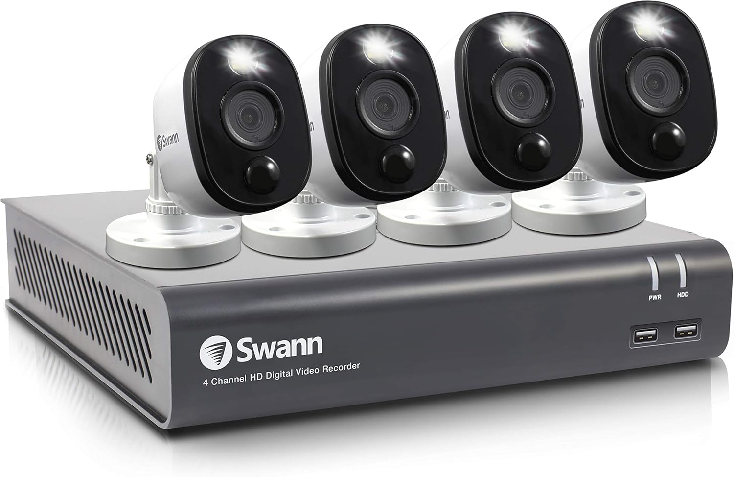 Swann Home Security Camera System, 4 Channel 4 Bullet Cameras 1080p HD DVR Wired Surveillance, 1TB HDD, Weatherproof, Color Night Vision, Heat & Motion Sensing, Alexa + Google, SWDVK-445804V