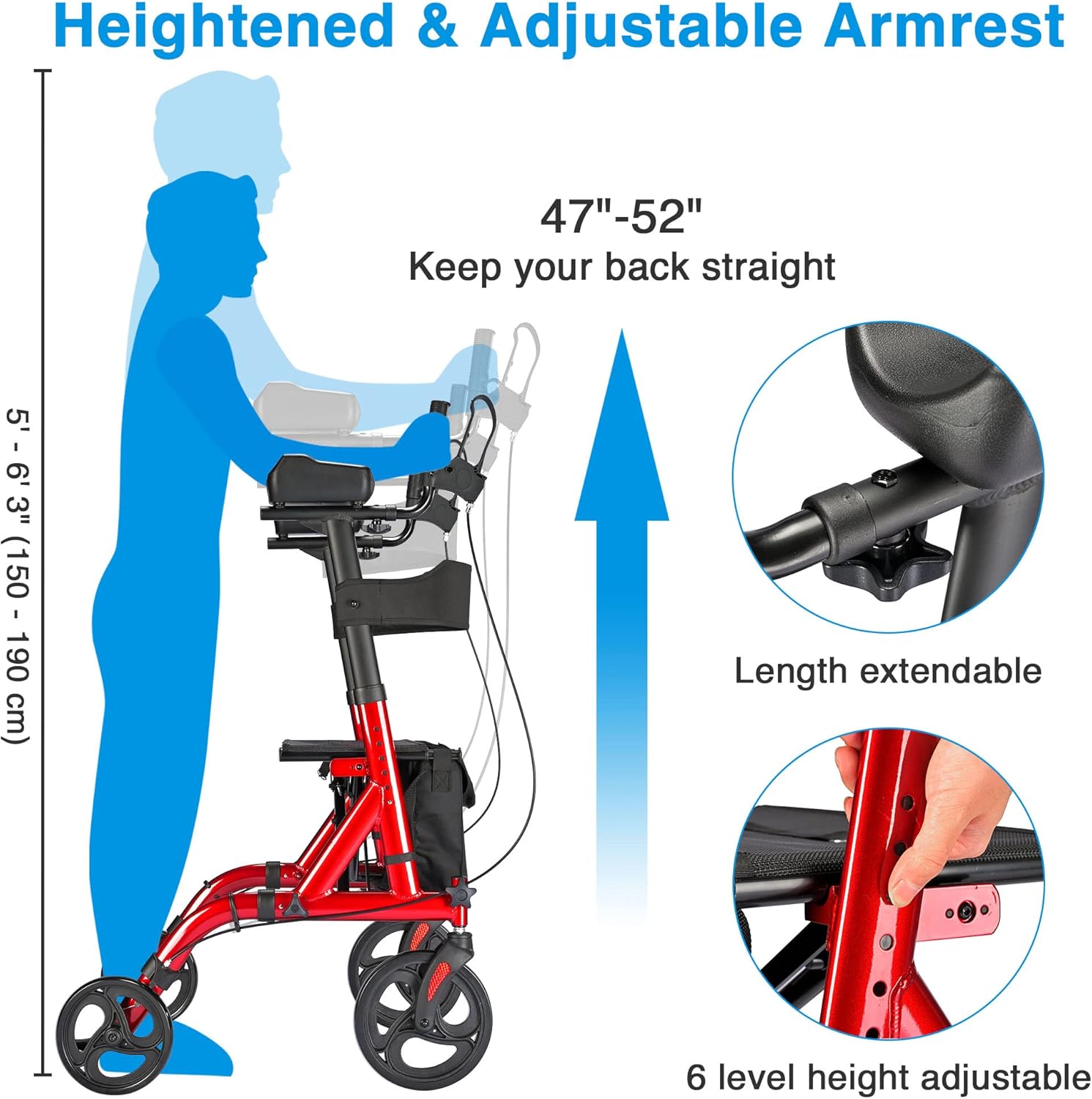 AW Stand Up Folding Rollator Upright Rollator Walker Armrest Walker 300 Lbs 4 Wheels Seat Padded Lightweight