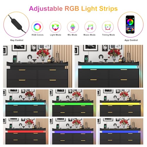 White Dresser with LED Lights, Wooden LED Dresser, 4 Drawer Chest with Charging Station, Tall Chest of Drawer Closet Organizer for Bedroom, Living Room, Entryway, Hallway
