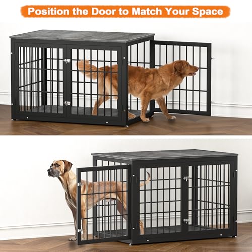48 Inch Heavy Duty Dog Crate Furniture for Large Dogs, Decorative Pet House End Table, Extra Large Wooden Cage Kennel Furniture Indoor, Natural and White