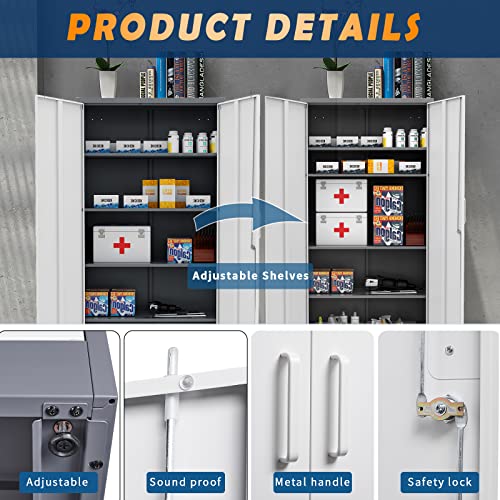 Yizosh Metal Garage Storage Cabinet with 2 Doors and 5 Adjustable Shelves - 71" Steel Lockable File Cabinet,Locking Tool Cabinets for Office,Home,Garage,Gym,School (Gray White)