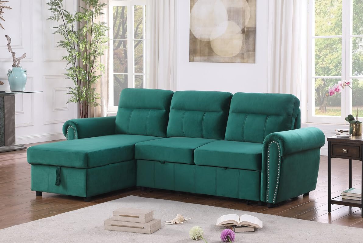 96Inch Convertible L Shaped Sleeper Sectional Sofa Velvet with Storage Chaise, Pull Out Bed,Reversible Corner Couch Design, Green