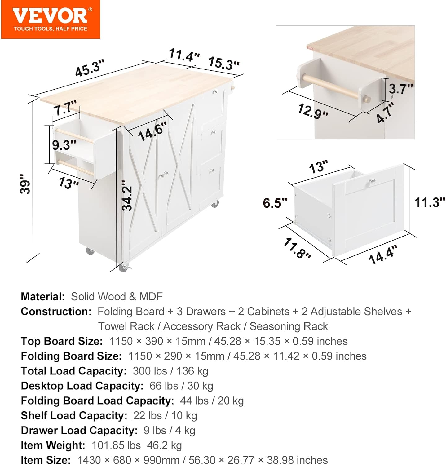 VEVOR Kitchen Island Cart with Solid Wood Top, 45.3" Width Mobile Carts with Storage Cabinet, Rolling Kitchen Table with Spice Rack, Towel Rack, Drop Leaf and Drawer, Portable Islands on Wheels, White