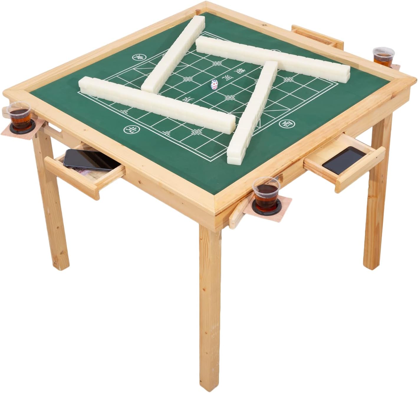 Multifunction Mahjong Table, Folding Card Table with Plush Top, Party Gathering Game Table with 4 Cup Holders & 4 Drawer, 35" Wood