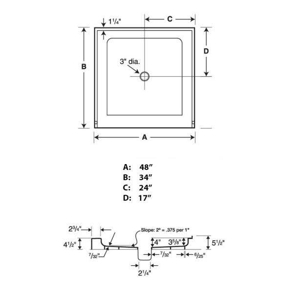Swanstone SF03448MD.042 Solid Surface Center Drain Shower Base, 48-in L x 34-in H x 5.5-in H, Gray Granite