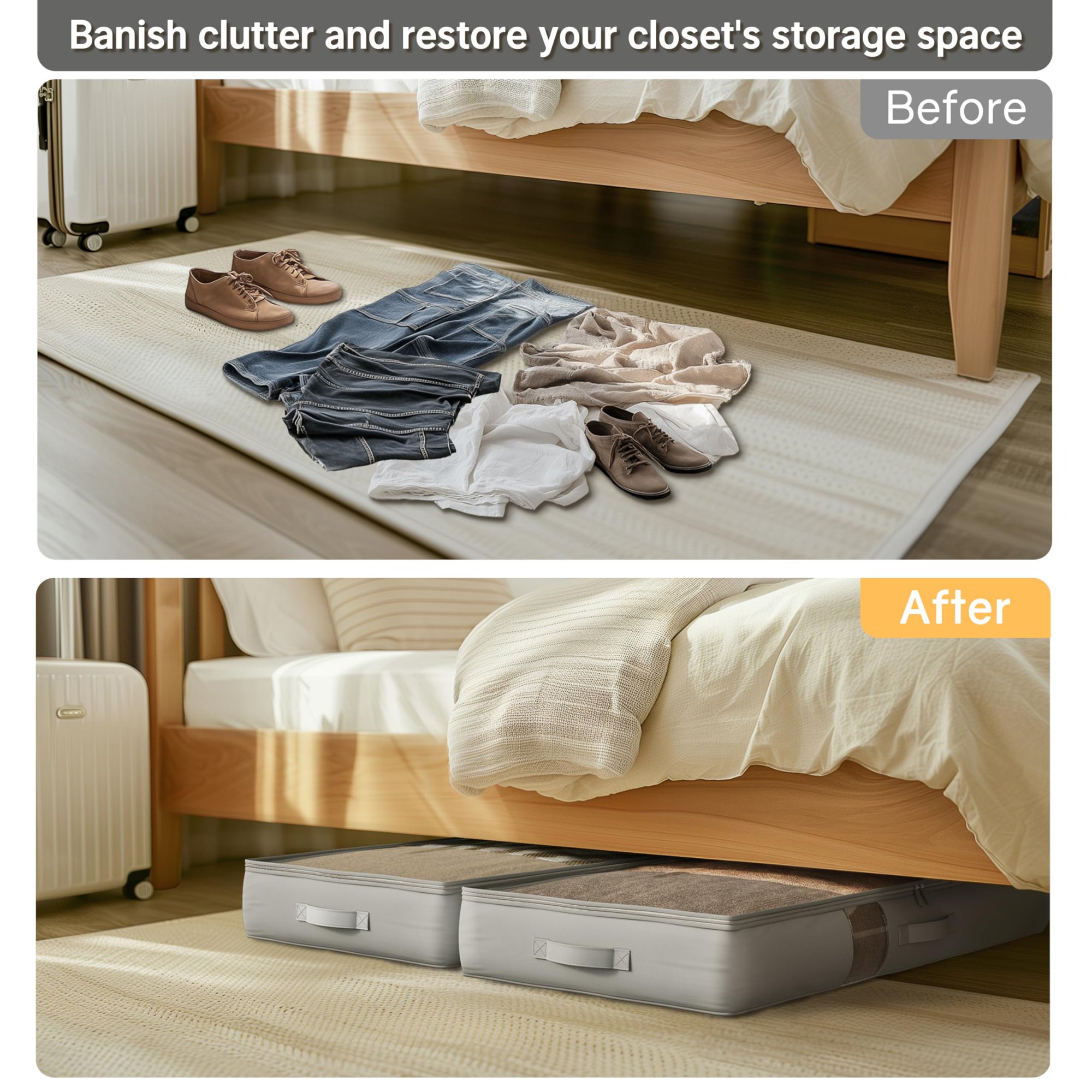 Underbed Storage Containers with View Window, Space Saving Organizer Bags for Blankets Comforters Sheets, Heavy Duty Cotton Linen Fabric, 4 Pack Grey