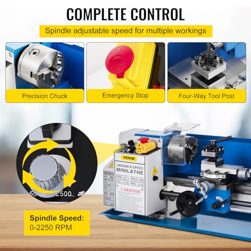 VEVOR Metal Lathe 7"x12",Precision Bench Top Mini Metal Lathe 550W, Metal Lathe Variable Speed 50-2500 RPM Nylon Gear With A Movable Lamp for Precision Parts Processing