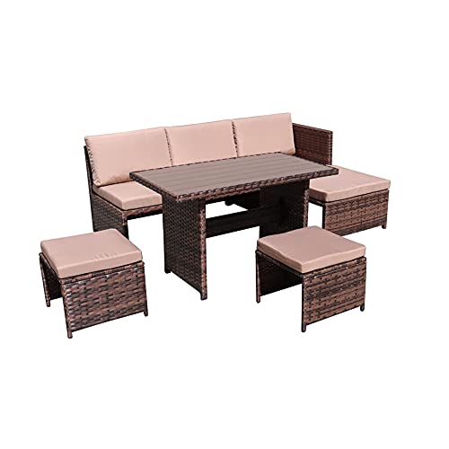 5 Pieces Patio All Weather Rattan Wicker Sectional Dining Sets with Poly Wood Table, Outdoor Furniture Cushioned Sofa Sets with Ottomans and Lounge Sofa (Light Gray Wicker + Dark Gray Cushion)