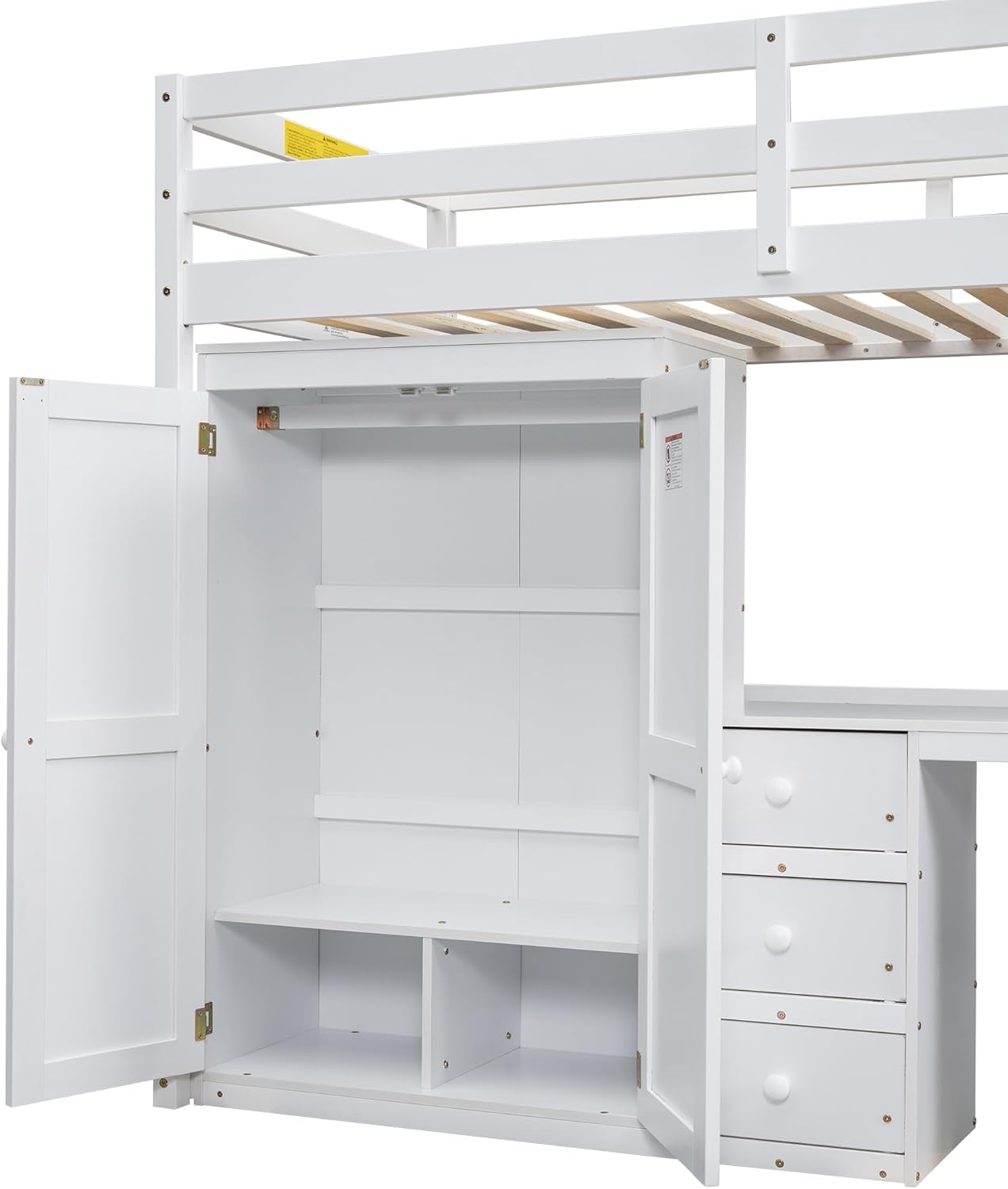 Twin Size Wood Loft Bed with Wardrobe, Desk and Storage Drawers, Versatile Wooden Loft Bed Frame with Large Storage Space for Kids, Boys and Girls, Space-Saving Design, Twin, White