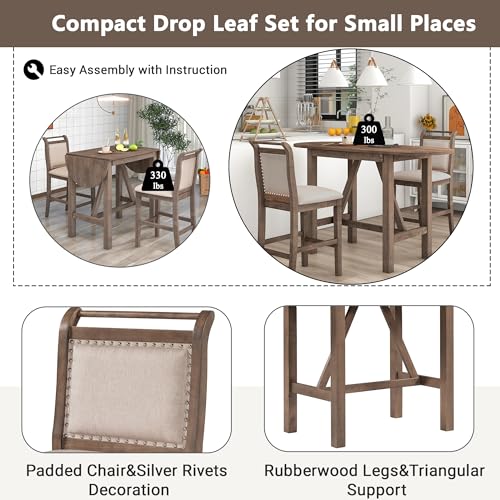 LUMISOL 3 Piece Drop Leaf Table Set, Drop Leaf Table and 2 Chairs, 3 Piece Dining Table Set for Living Room Dining Room Small Place, Counter Height Small Table Set for 2, White