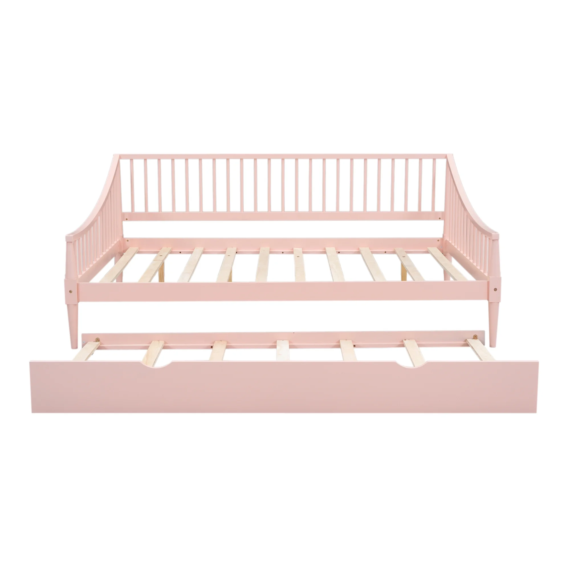 EUROCO Wood Full Size Daybed with Twin Trundle Bed for Kids Teens Adults, Solid Wood Bed Frame with Support Legs, Pink