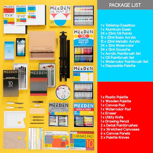 MEEDEN Painting Set with Easels and Paints: 151pcs Art Supplies with Acrylic Oil Watercolor Gouache Paints - Canvas Painting Kit for Artists from Beginning to Professional