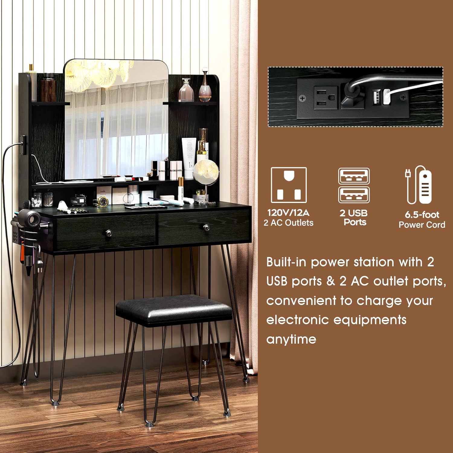 TC-HOMENY Makeup Vanity with Charging Station, Vanity Desk with 2 Drawers and Mirror, Black Vanity Desk Storage Shelves and Cushioned Stool, Vanity Table with Metal Hairpin Legs