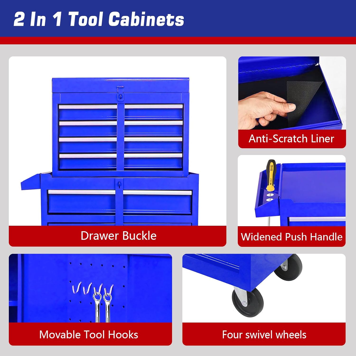 5-Drawers Tool Cabinets On Wheels, Rolling Tool Chest with Drawers, Craftsman Tool Box with Adjustable Shelf, Tool Storage Organizer for Warehouse, Garage, Workshop, Blue