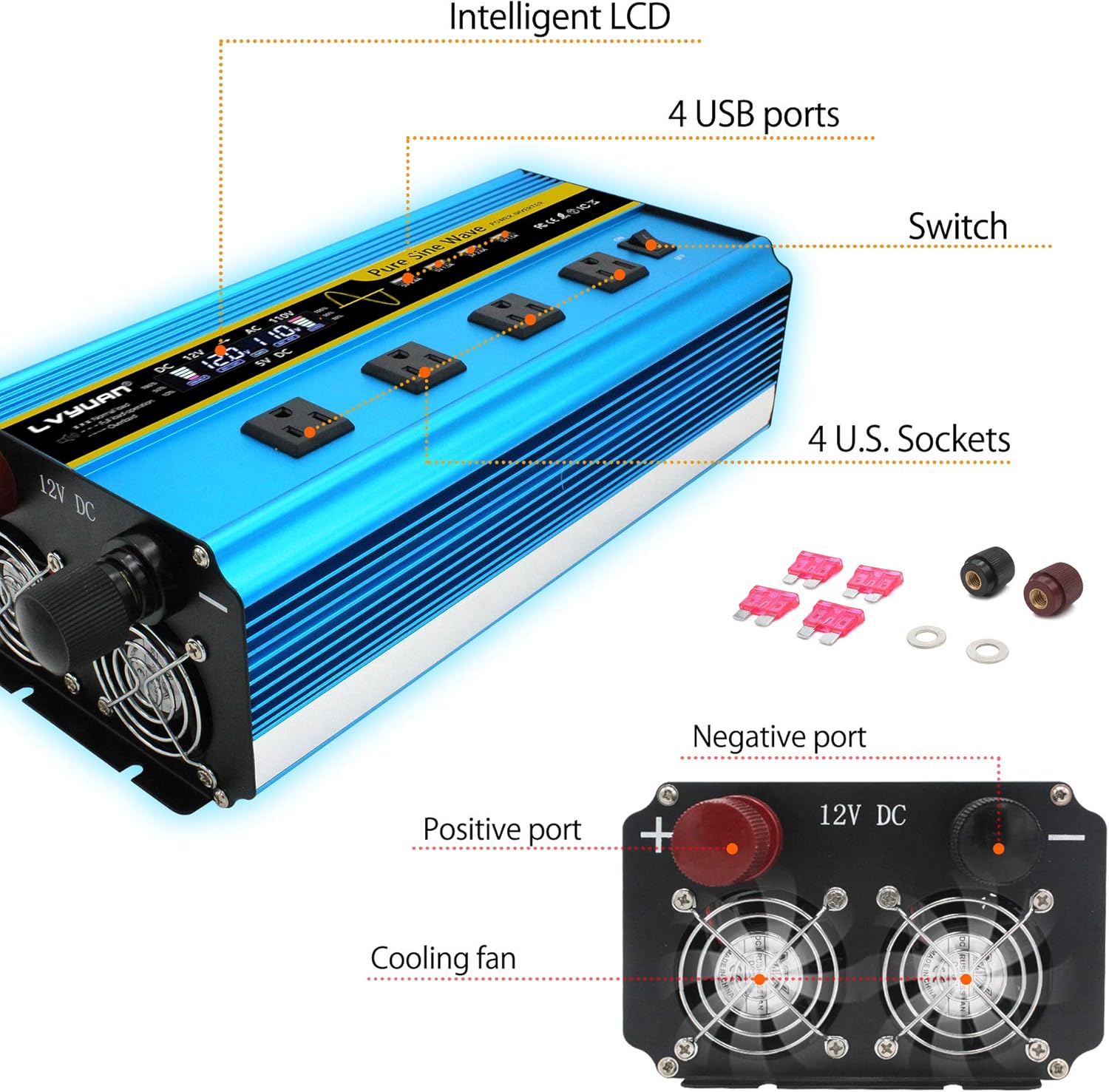 LVYUAN Pure Sine Wave Inverter 3000 Watt Inverter 12V to 110V DC to AC with Remote Controller, LCD Display 4 AC Sockets and 4 USB Ports for Car Truck Solar Power (3000W with Remote Controller)