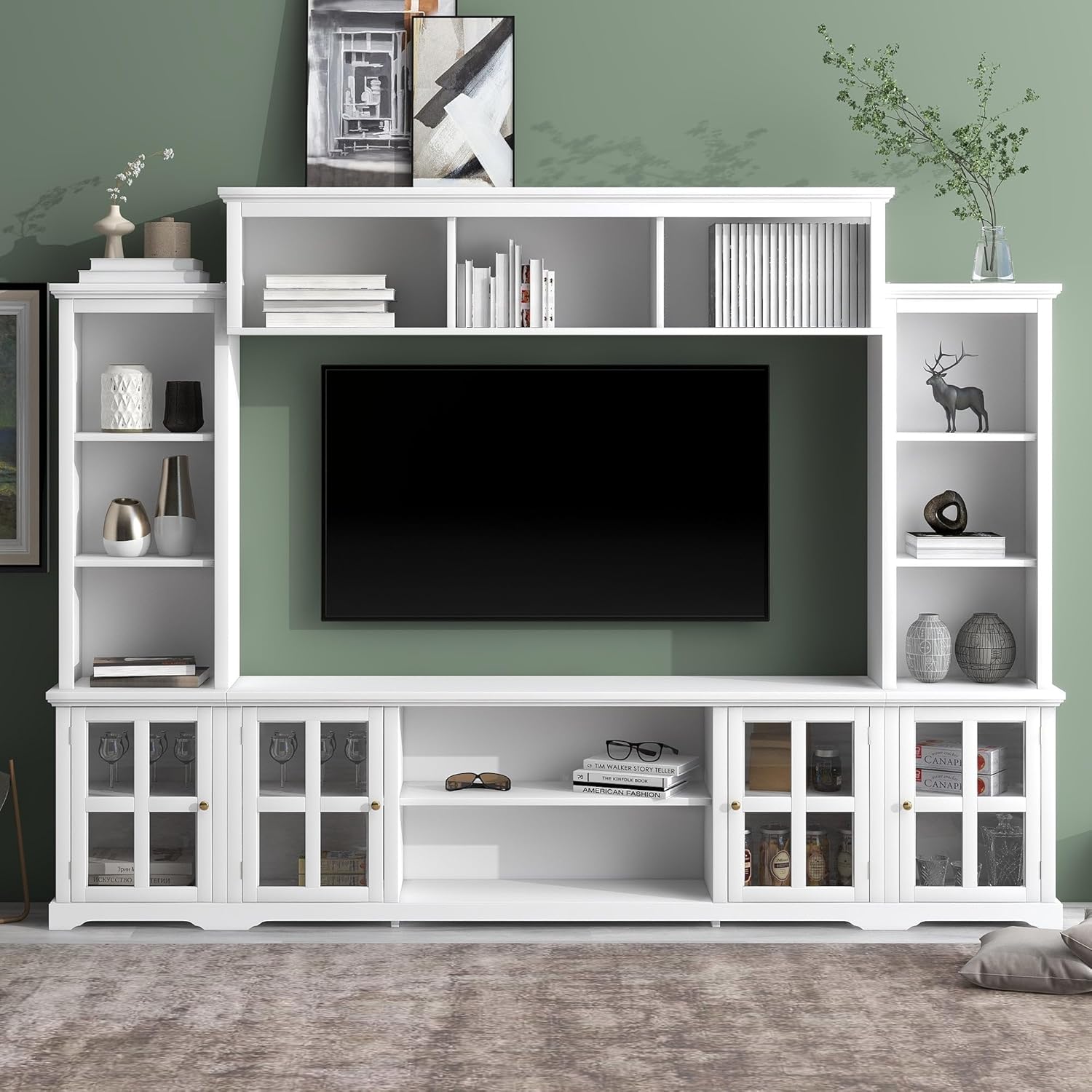 Entertainment Wall Unit with Bridge, Stand Media Console Table for TVs Up to 70" with Tempered Glass Door, Ample Storage Space for Living Room, White