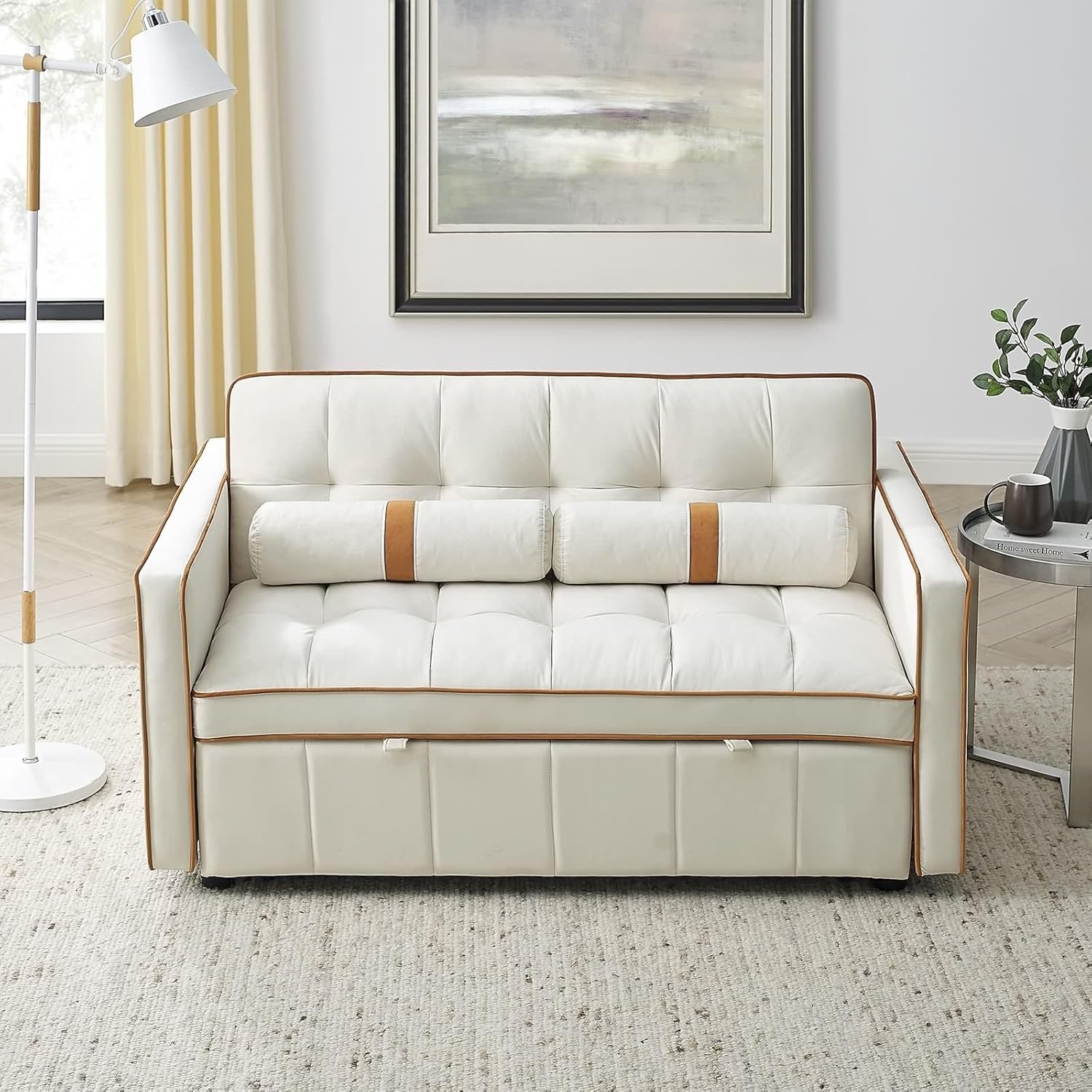 Modern 55.5" Pull Out Sleep Sofa Bed 2 Seater Loveseats Sofa Couch with Side Pockets, Adjsutable Backrest and Lumbar Pillows for Apartment Office Living Room, Beige