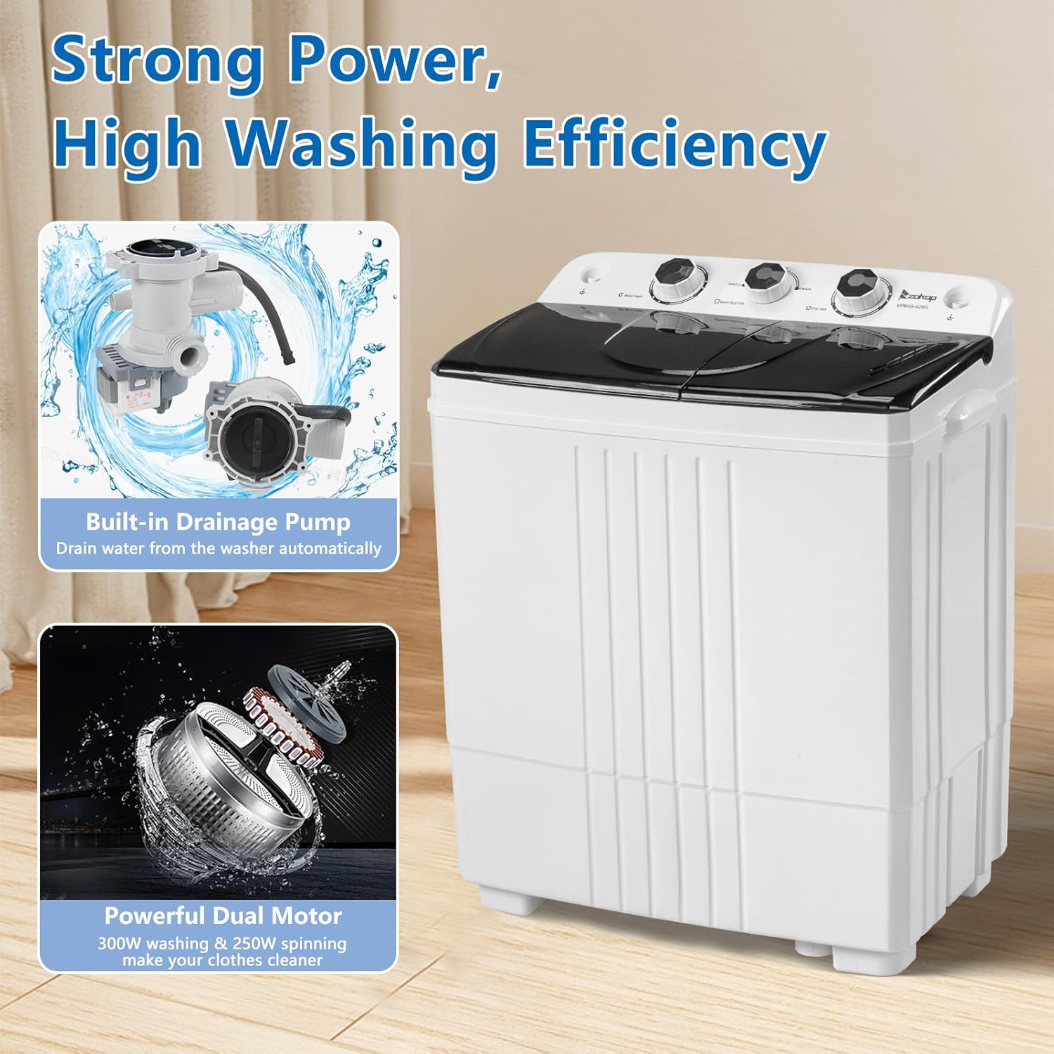 Twin Tub with Built-in Drain Pump 20Lbs Semi-automatic Twin Tube Washing Machine for Apartment Dorms RVs Camping (Arrive in 5 Days from US Warehouse)