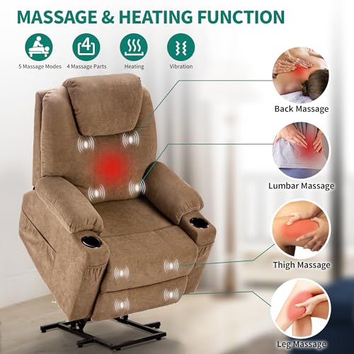 YITAHOME Power Lift Recliner Chair for Elderly, Electric Lift Chair with Heat and Massage, Fabric Recliner Sofa with 2 Cup Holders, Side Pockets & Remote Control for Living Room (Light Brown)