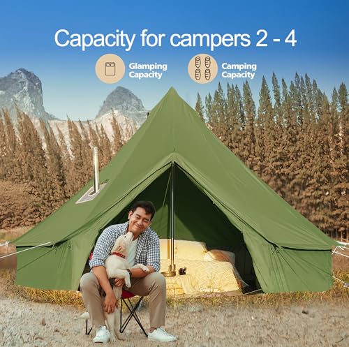 Cotton Canvas Bell Tent, Waterproof Large Tents with Sturdy Center & Door Pole and Space for 4/6/8 Person All 4 Season Camping Yurt Tent