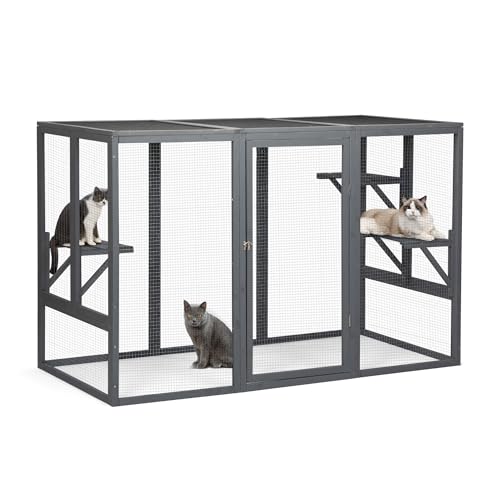 Outdoor Cat Enclosures, Weatherproof Catio for Cats, Large Cat Cage with 3 Platforms and Litter Box, Wooden Cat Crate for Outside, Cat House for Cat Patio, Grey