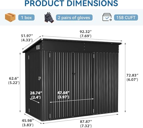 8'x4' Shed Galvanized Steel Storage Sheds with Triple Doors Weatherproof Outdoor Utility Sheds, Dual Lock Lean to Shed with Sloped Roof for Mower, Bike, Generator, Garden Tools (Black)