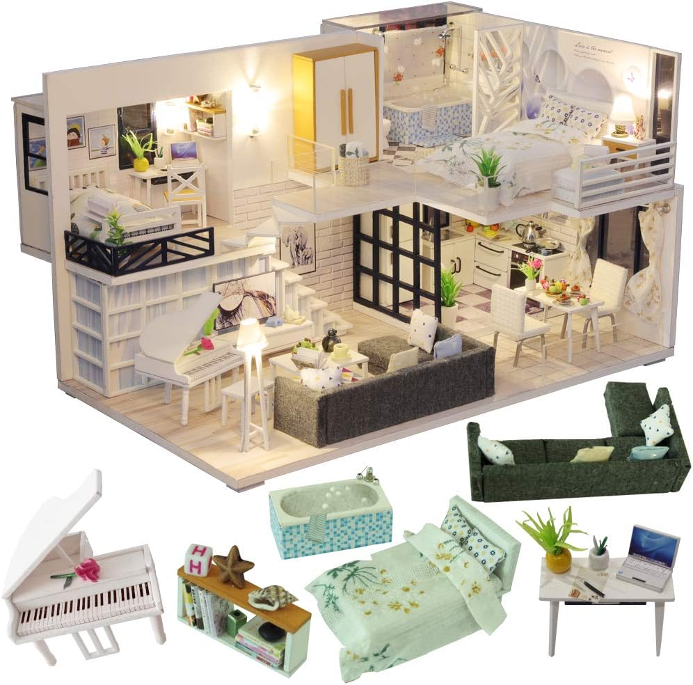 Dollhouse Miniature with Furniture, DIY Dollhouse Kit Plus Dust Proof and Music Movement, 1:24 Scale Creative Room for Valentine's Day Gift Idea