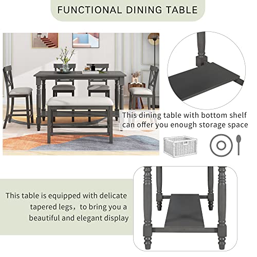 UBGO 6 6,6-Piece Counter Height Set Table with Shelf 4 Chairs and Bench for for Kitchen, Dining Room,Breakfast Corner, Gray-b