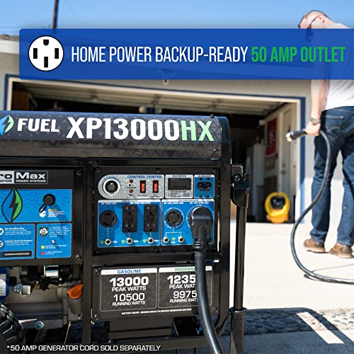 DuroMax XP13000HXT 13,000-Watt 500cc Tri Fuel Gas Propane Natural Gas Portable Generator with CO Alert, Black/Blue
