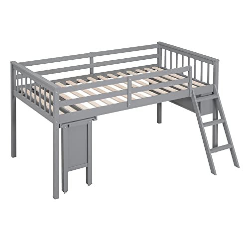 Wooden Full Size Low Loft Bed with Rolling Portable Desk and Chair,4 Cabinets，Blackboard and Slides,for Kids Boys Girls Teens Bedroom Use (White@z, Full)