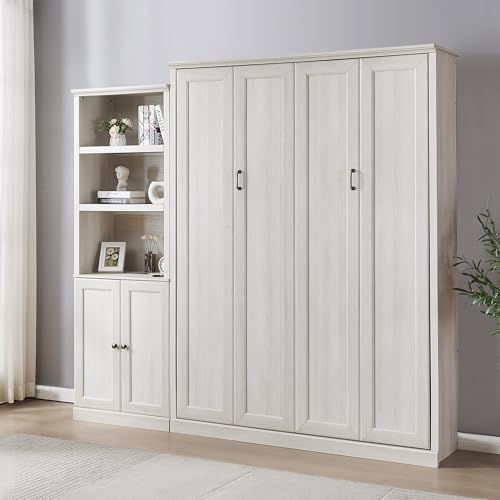 Murphy Bed,Cabinet Bed Folding Wall Bed,Queen Size Murphy Wall Bed with 1 Side Cabinet Storage Shelf,Cabinet Space-Saving Bed Perfect for Guest Room,Bed Room,Guest Room,Home Office (Rustic White-03)