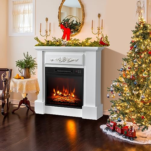 S AFSTAR Electric Fireplace with Mantel, 1400W 32 Inch Fireplace Heater with Remote Control, 6H Timer, Adjustable 3D Flame Effect, Thermostat, Electric Fireplace Heater for Living Room (Brown)