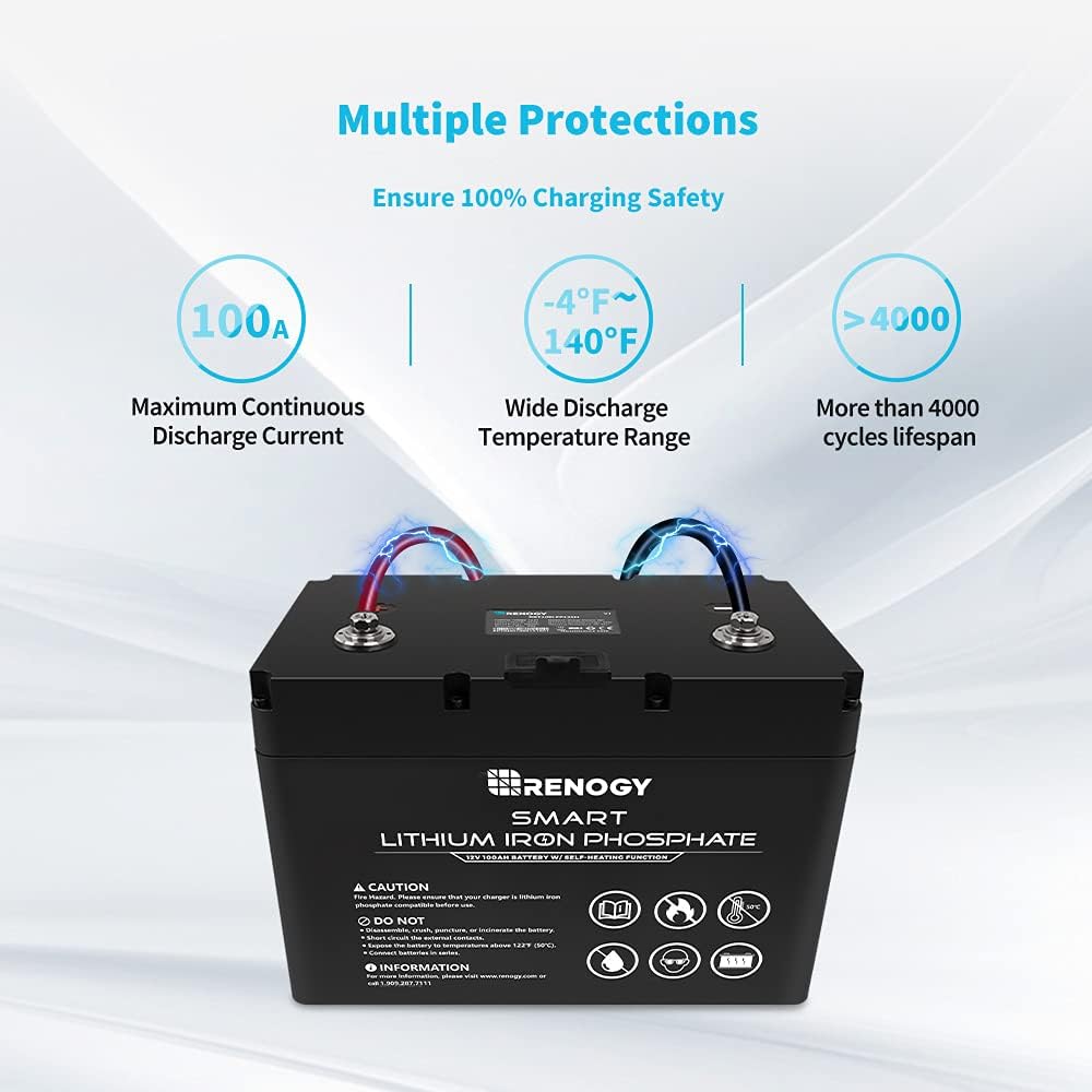 Renogy Smart Lithium-Iron Phosphate Battery 12V 100Ah w/Self-Heating Function for RV, Solar, Marine, and Off-grid Applications
