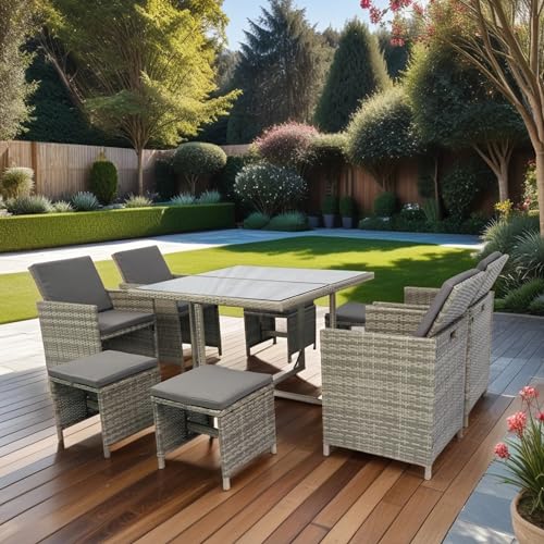 DHHU 5 Piece Outdoor Patio Furniture Set, PE Rattan Wicker Furniture, Outdoor Sectional Furniture Chair Set with Anti-Slip Cushions, Couch Coffee Table Waterproof Covers and Tea Table