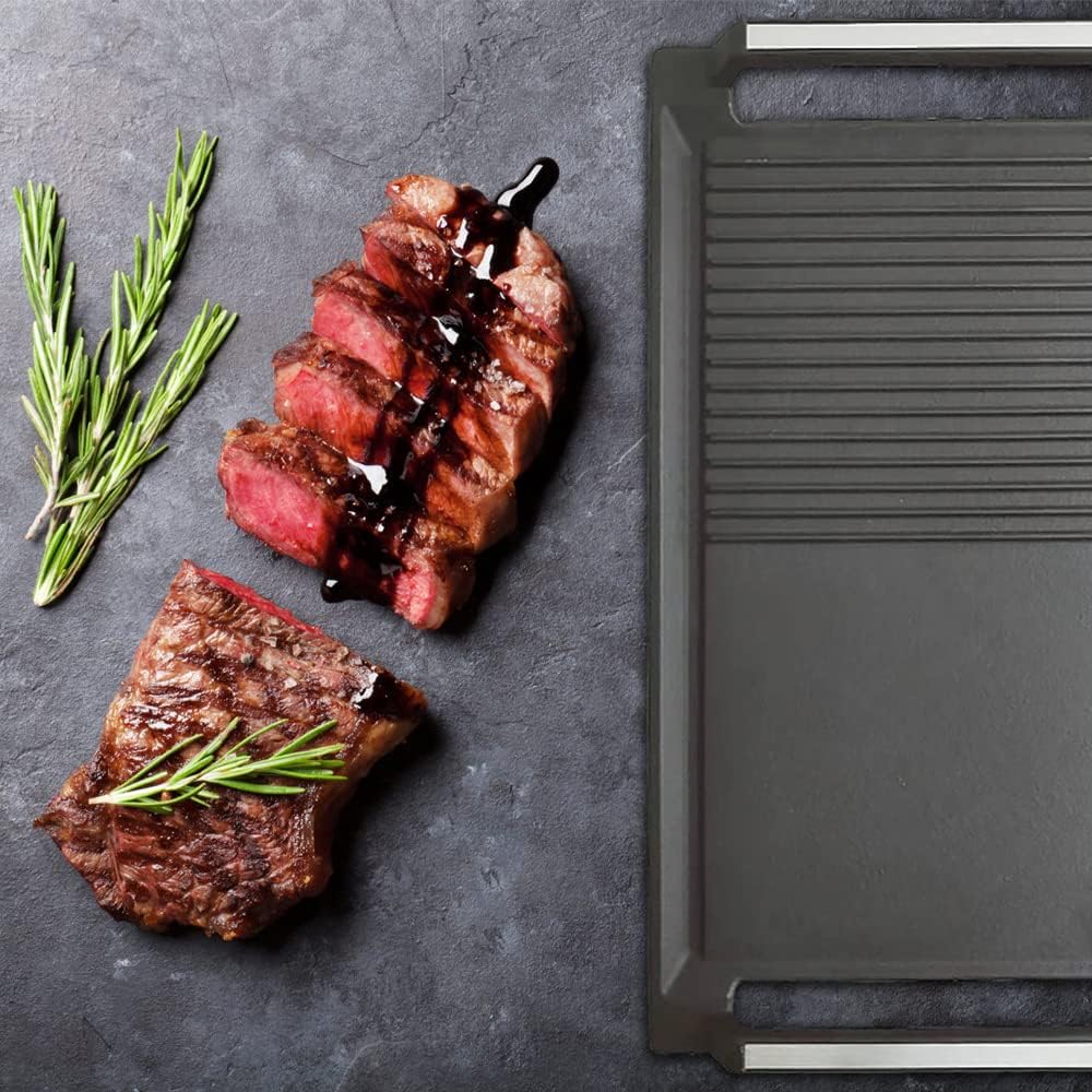 Griddle Pan, Cast Iron Grill Hot Plate, Rectangular Grill, 2 handles with Flat and Ridged Surface for Induction Electric Cooktop，16.7 x 9.1inch