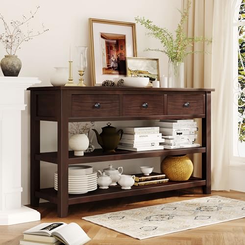 LUMISOL Retro Design Entryway Table with Storage Drawers and Shelves, Console Table with Pine Solid Wood Frame and Legs for Living Room, Espresso