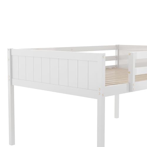 Full Size Wood Low Loft Bed with Convertible Ladder, Solid Wood Bed Frame with Safety Guardrail, 350 lbs Weight Capacity, No Box Spring Required, for Girl Boy Kid Bedroom (Gray-072)