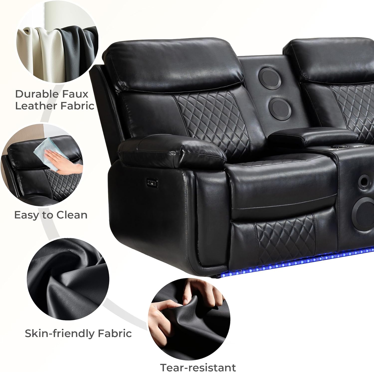 Power Reclining Sectional with Bass Speaker LED Light Recliner Faux Leather Reclining Sectional Couch Sofa Electric L-Shape Sectional Recliner USB Port,Cup Holder,Storage Console for Living Room Black